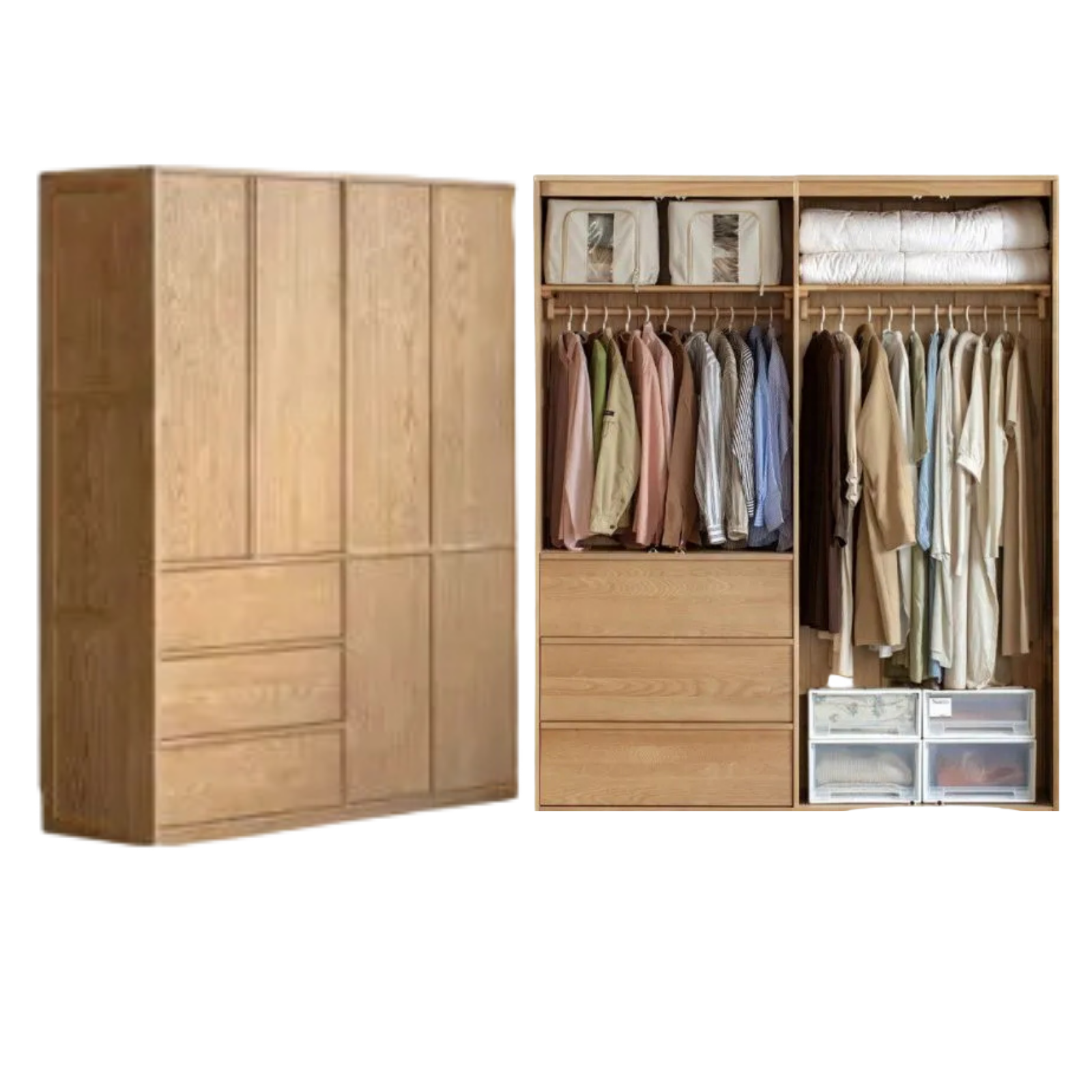 Ash Solid Wood Wardrobe with Minimalist Design and Storage Space