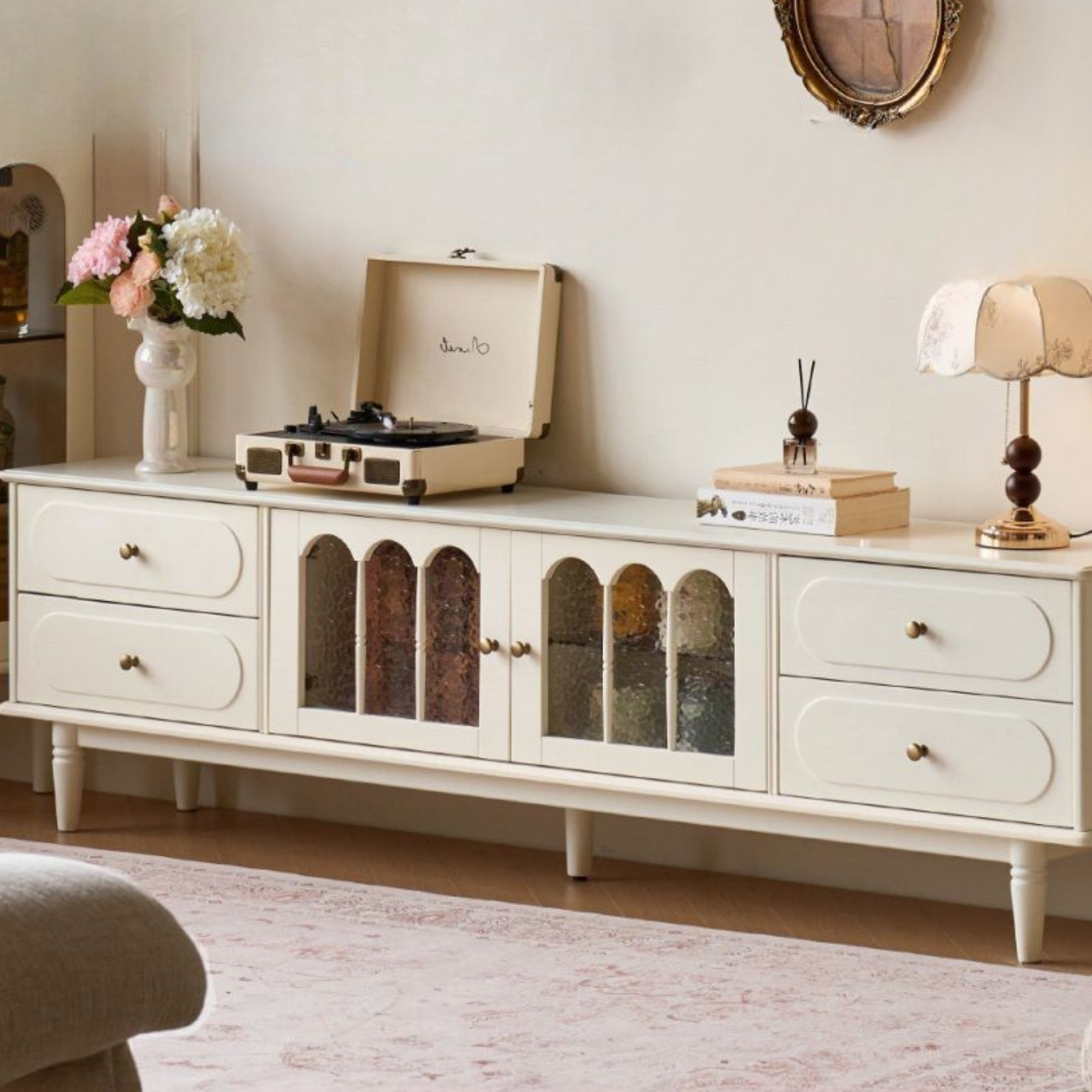 Solid RubberWood French Country TV Console with Arched Glass Doors
