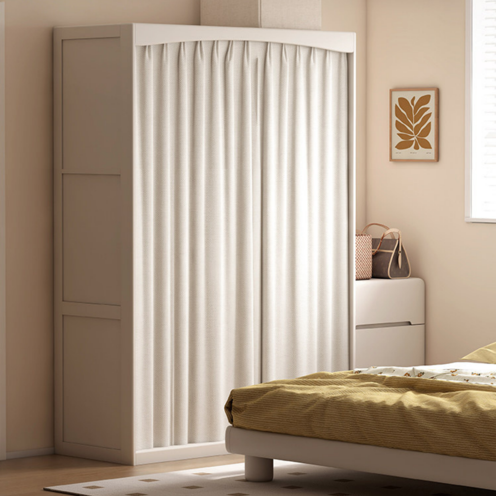 Solid RubberWood Wardrobe with curtains Design