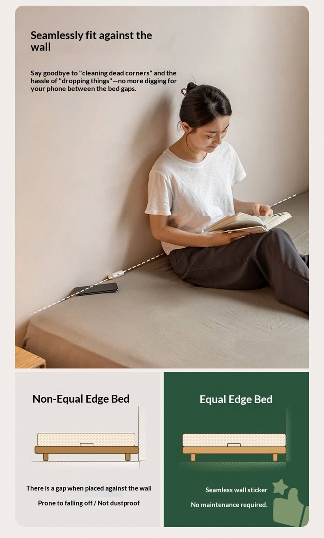 Beech, Rubberwood Solid Wood Platform Bed, Headboard-Free Bed with Flat Edge