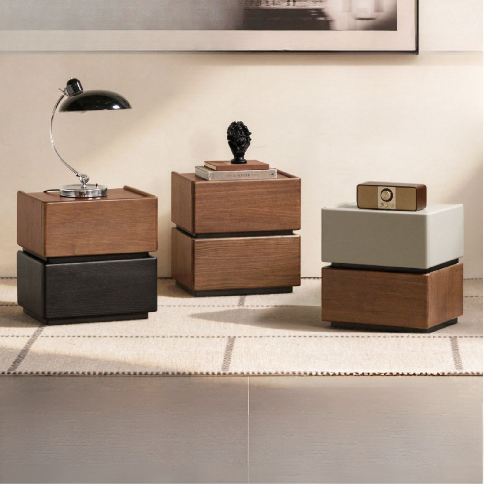 Black Walnut, Oak, Tulipwood Solid Wood, Solid Longan Hardwood Nightstand with Storage Drawer, Italian Style