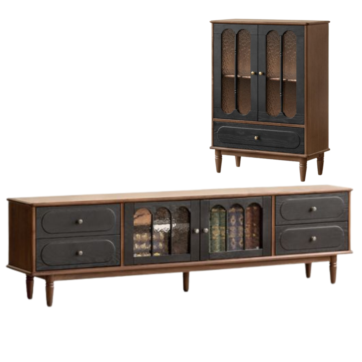 Black Walnut Solid Wood Vintage Curio Cabinet with Rippled Glass Doors and Brass Hardware