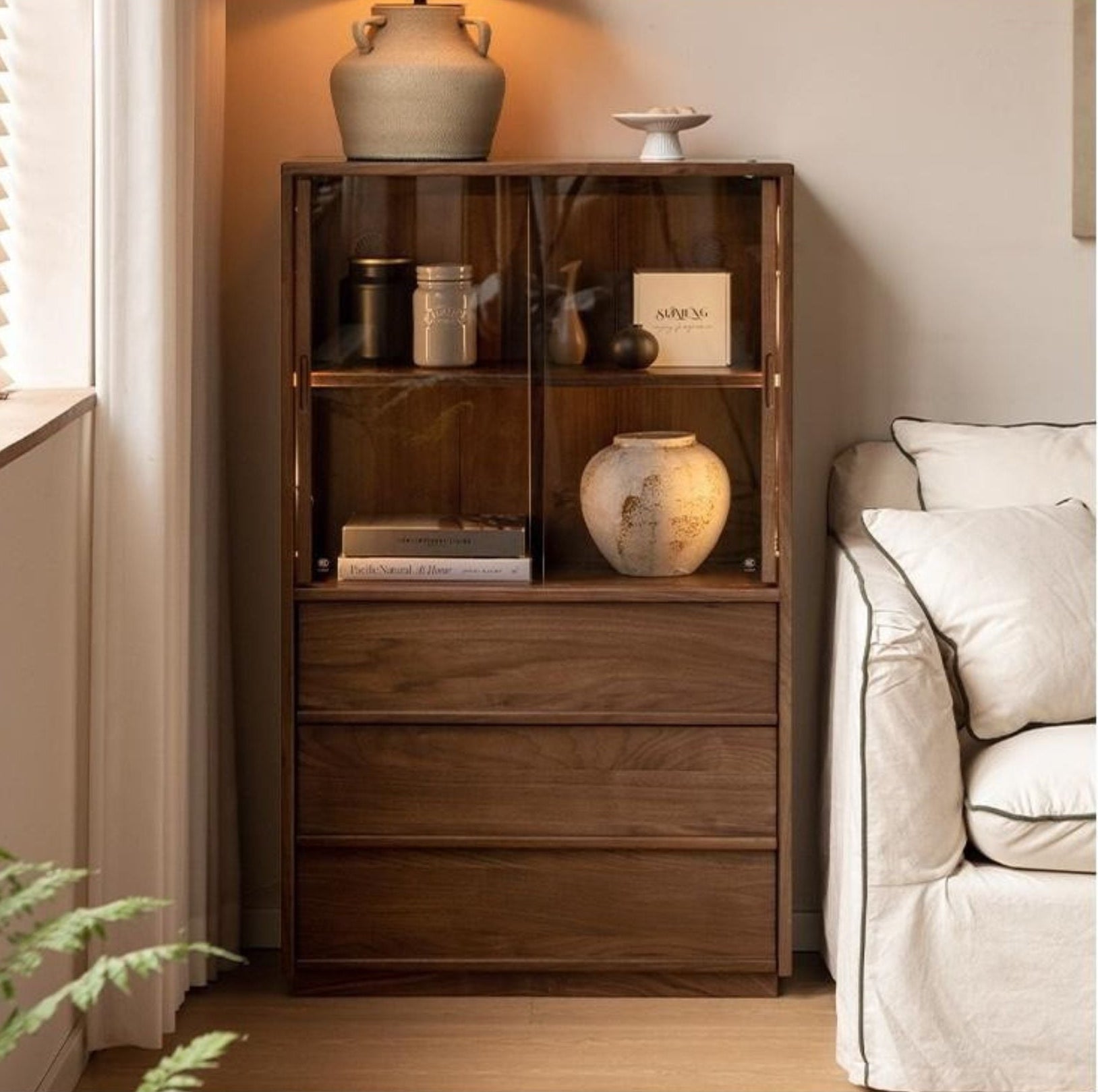 Oak, White oak, Black Walnut Solid Wood Wabi-Sabi Style Floor Side Cabinet.