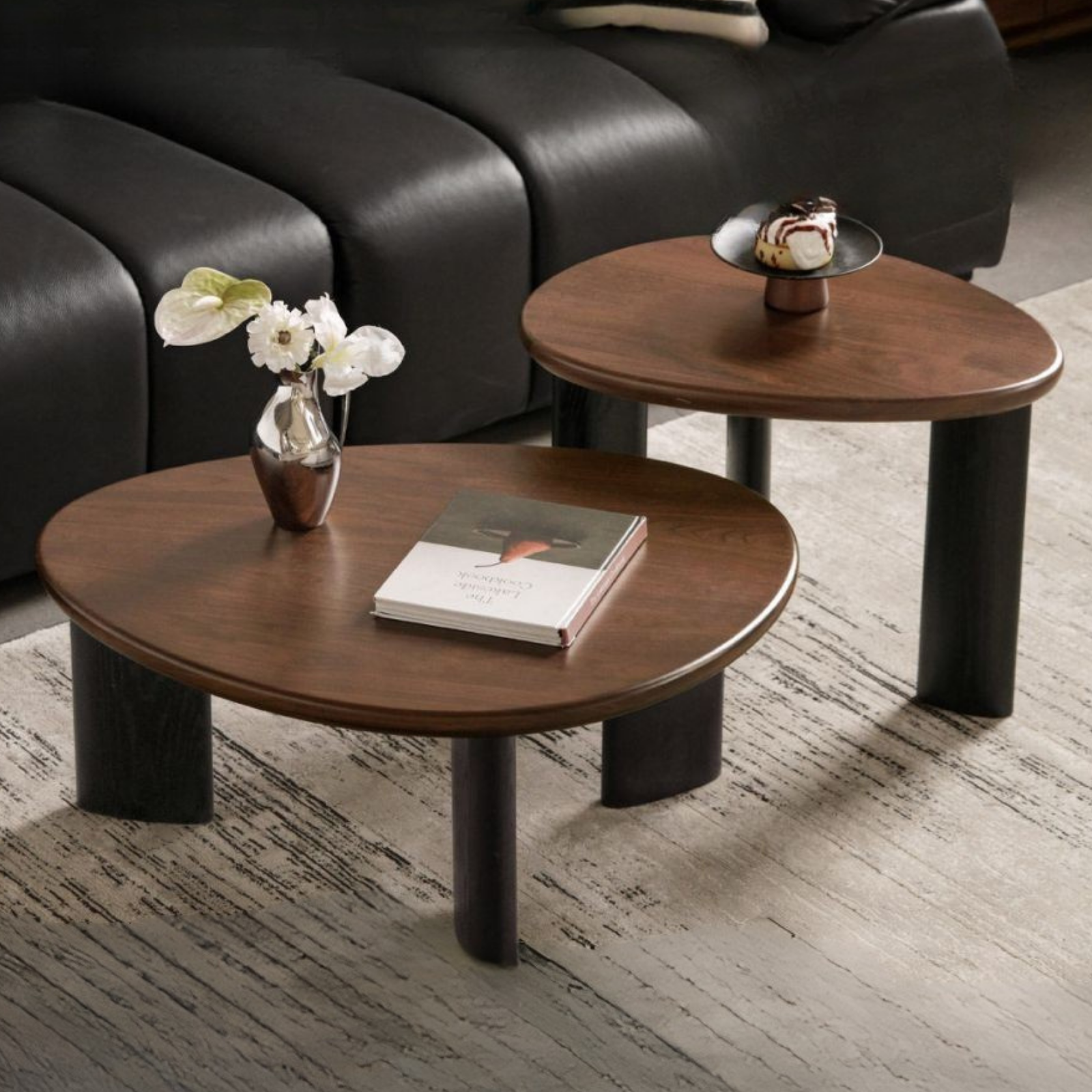 Black Walnut Solid Wood Organic Shape Coffee Table Set, Italian Style
