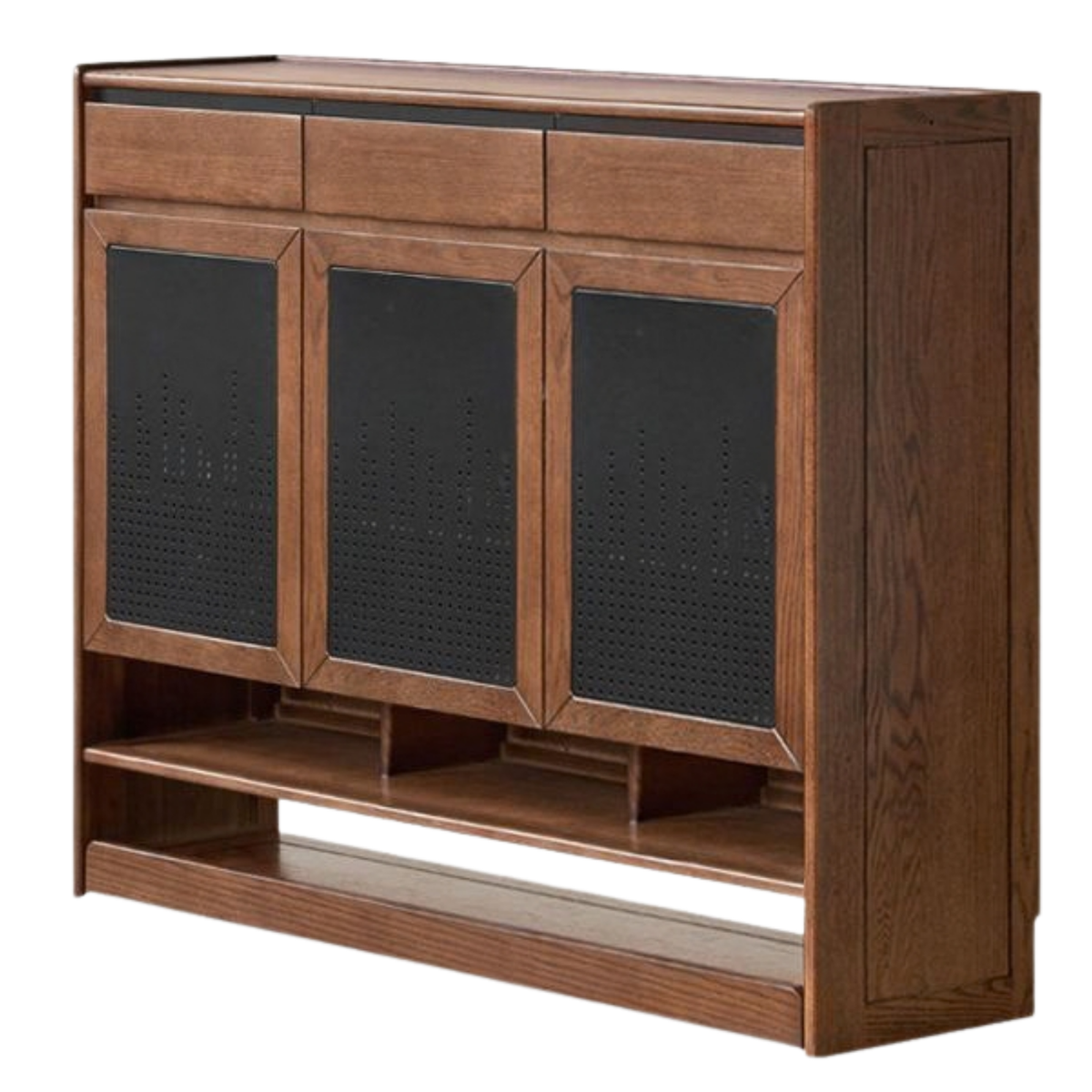 Oak Solid Wood Shoe Cabinet with Flip-Top Compartment and Perforated Metal Door