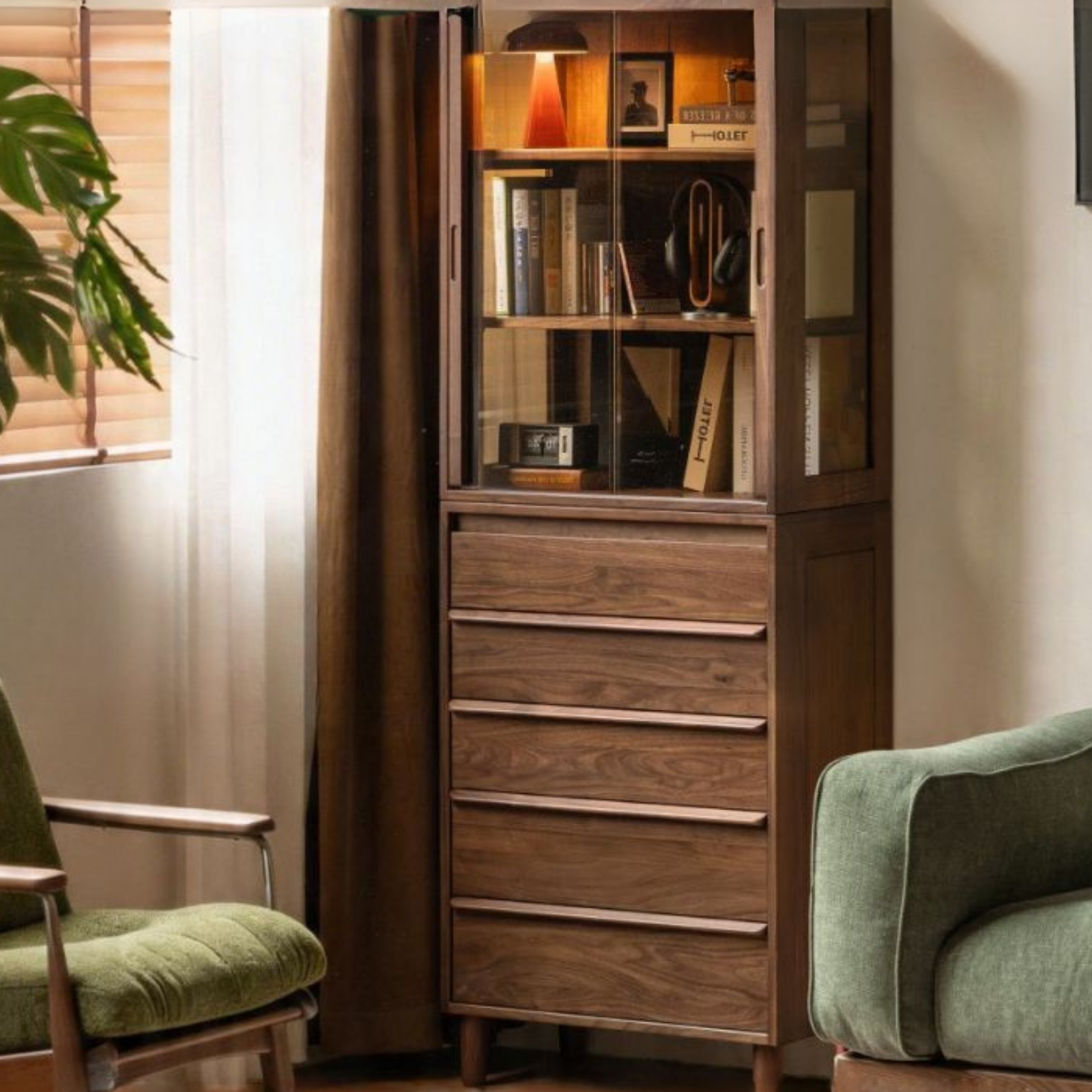 Black Walnut Solid Wood display side cabinet with drawers