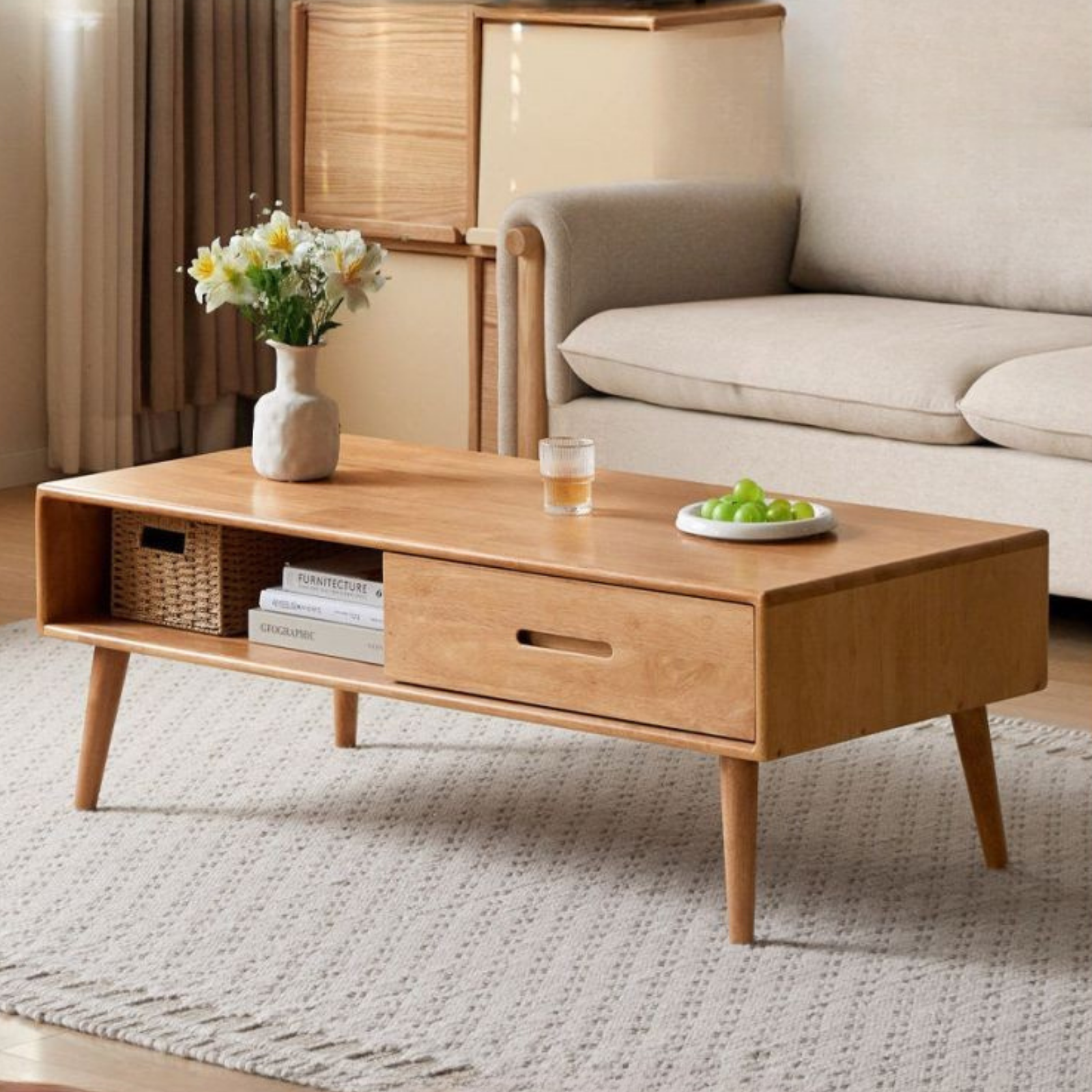 Solid RubberWood Coffee Table with Storage and Modern Aesthetic
