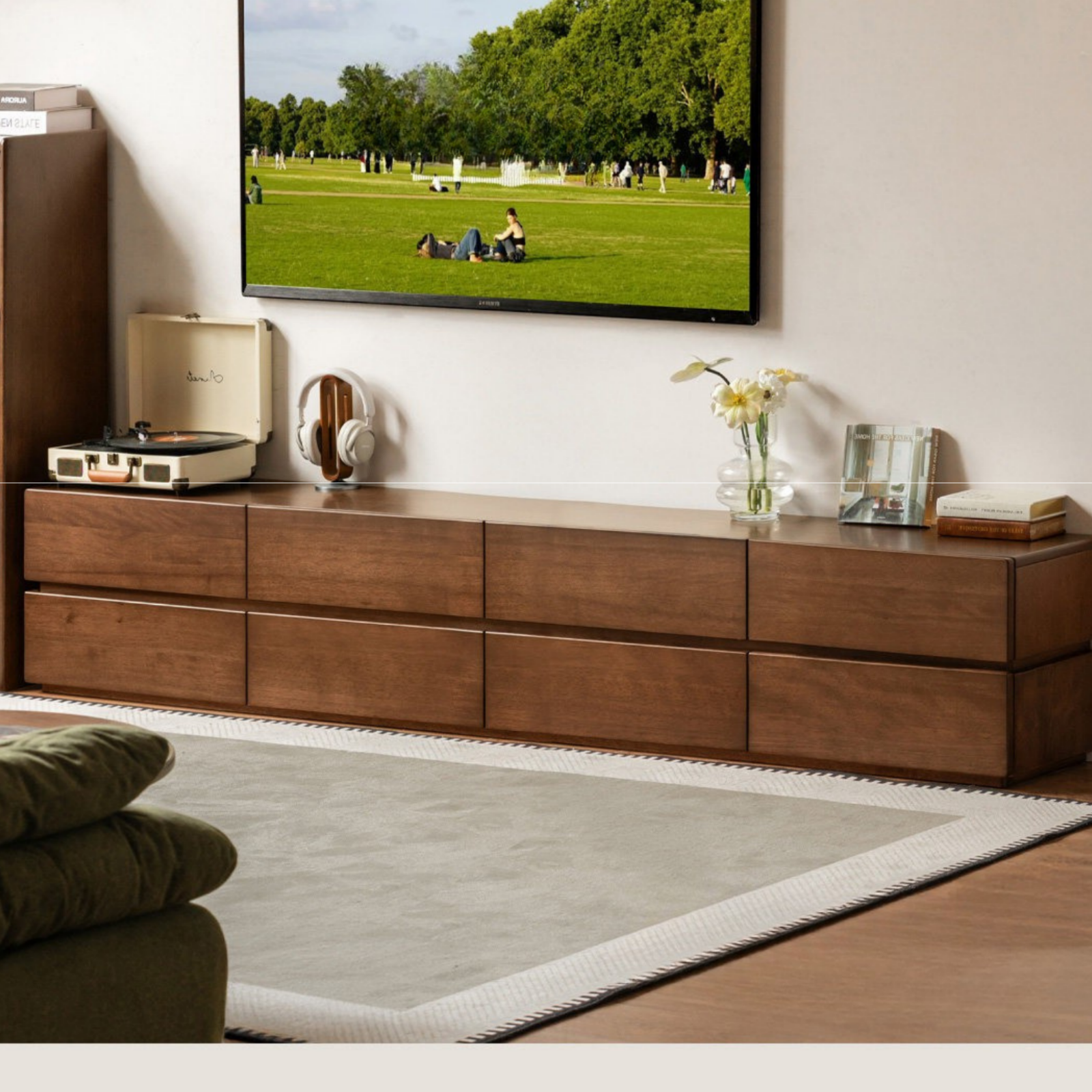 Solid Longan Hardwood Floating Media Console with Push-Open Drawers