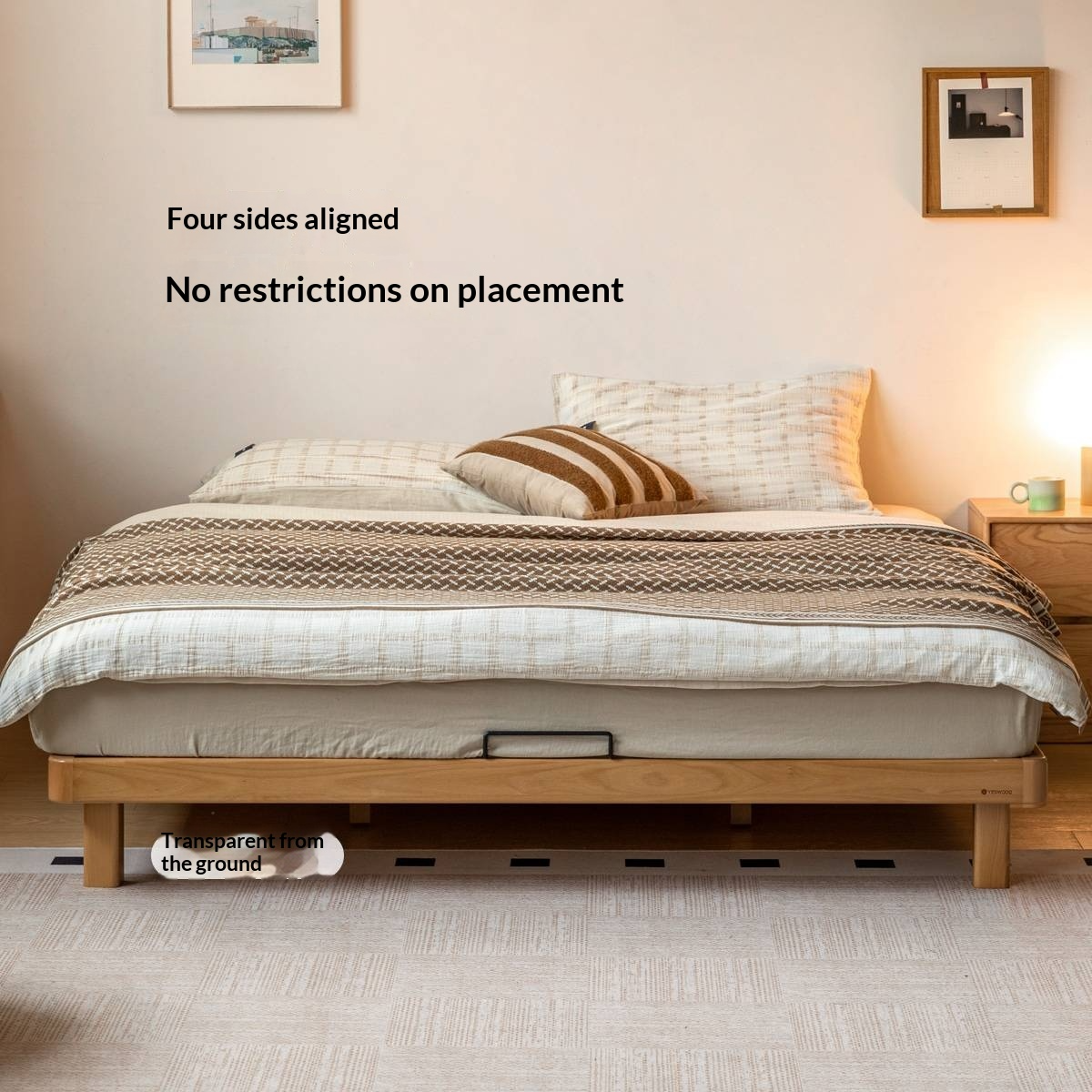 Beech, Rubberwood Solid Wood Platform Bed, Headboard-Free Bed with Flat Edge