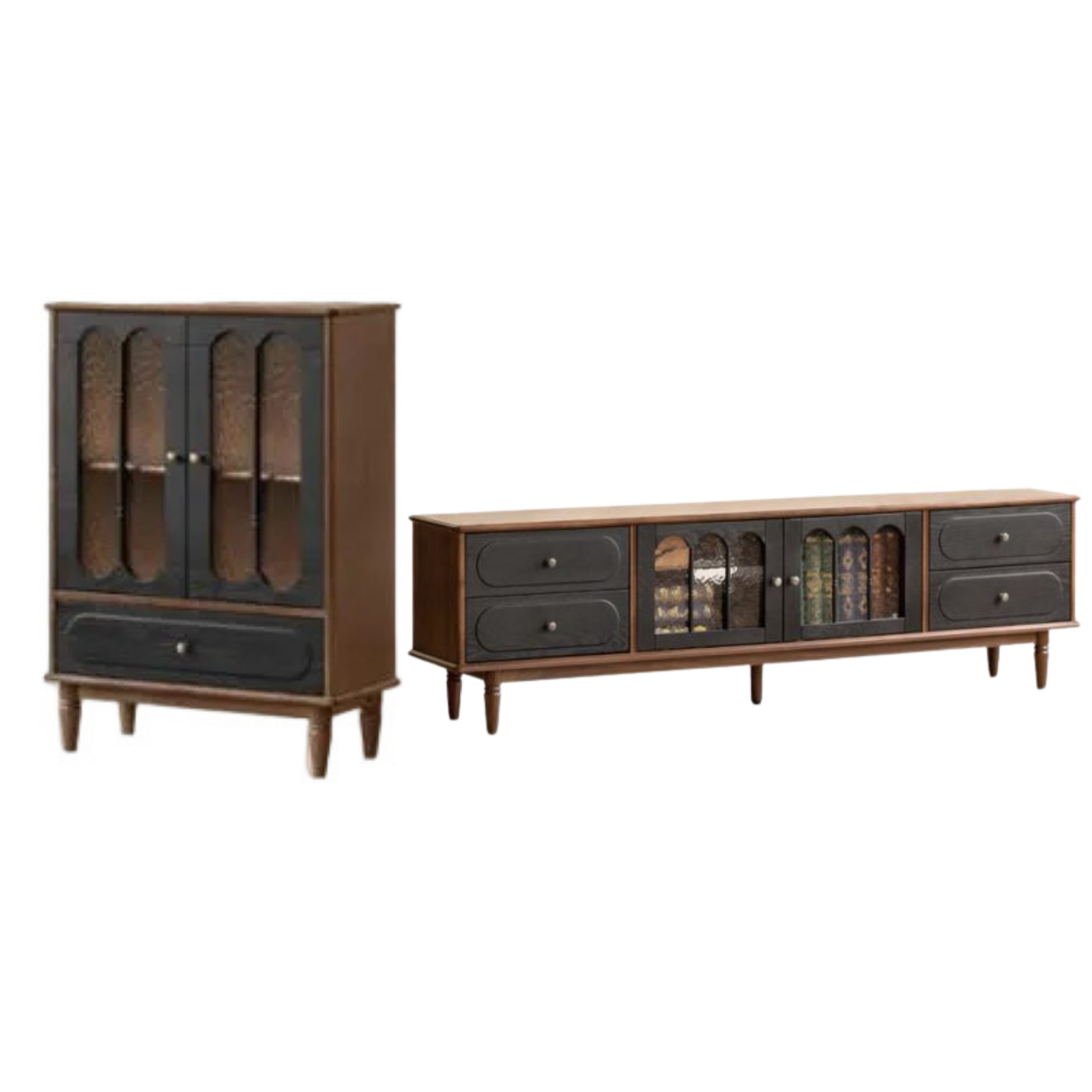 Black Walnut +ash Solid Wood  French Country TV Console with Arched Glass Doors