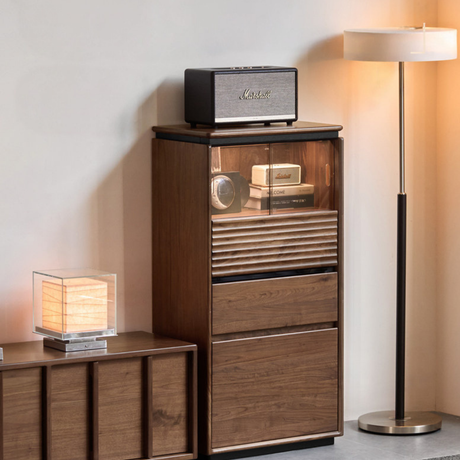 Black Walnut, Ash, Oak Solid Wood Tall Side Cabinet with Louvered Sliding Door and LED Lighting