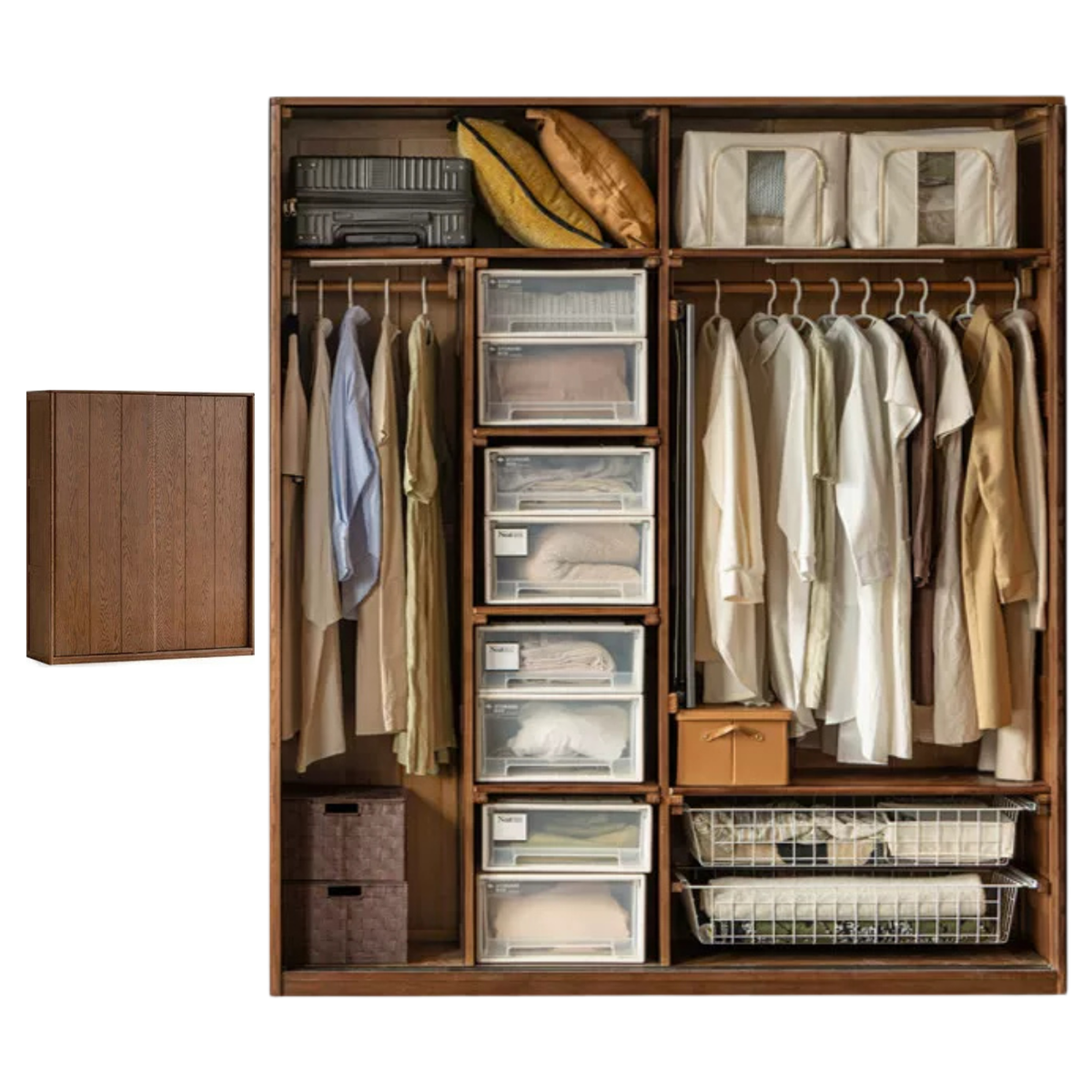 Oak Solid Wood Modern Wardrobe with Hybrid Hinged and Sliding Door Layout