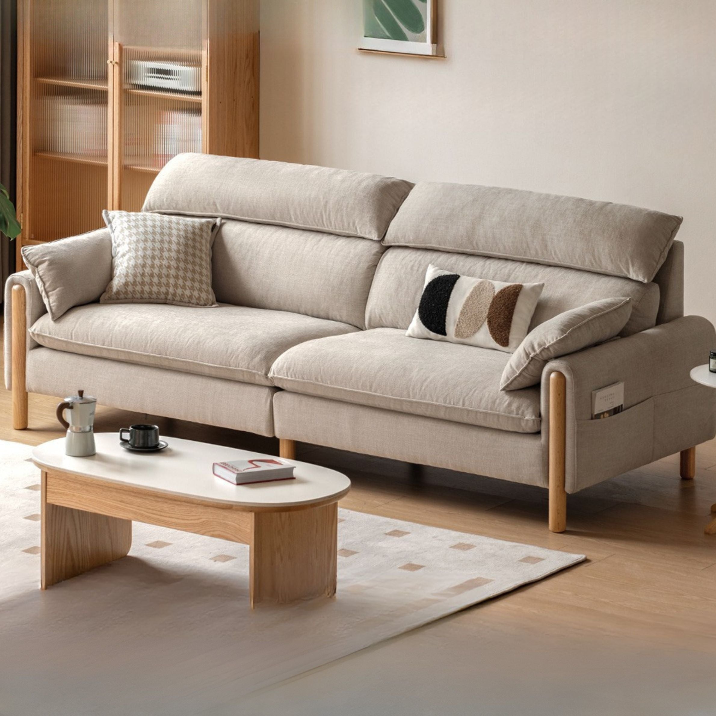 Oak high back chenille sofa washable