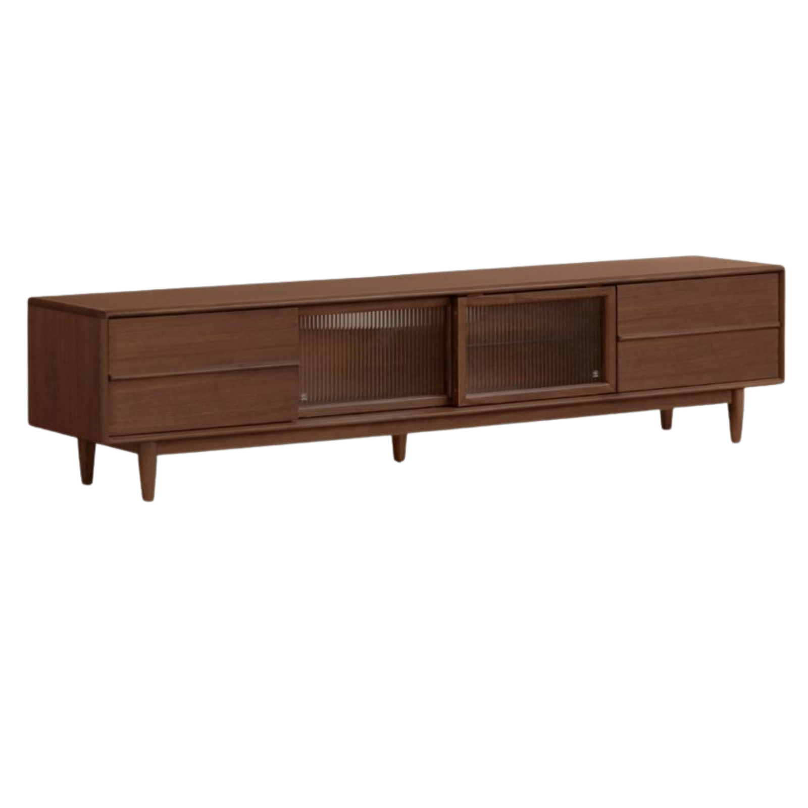 Solid Longan Hardwood Mid-Century TV Console with Fluted Sliding Doors