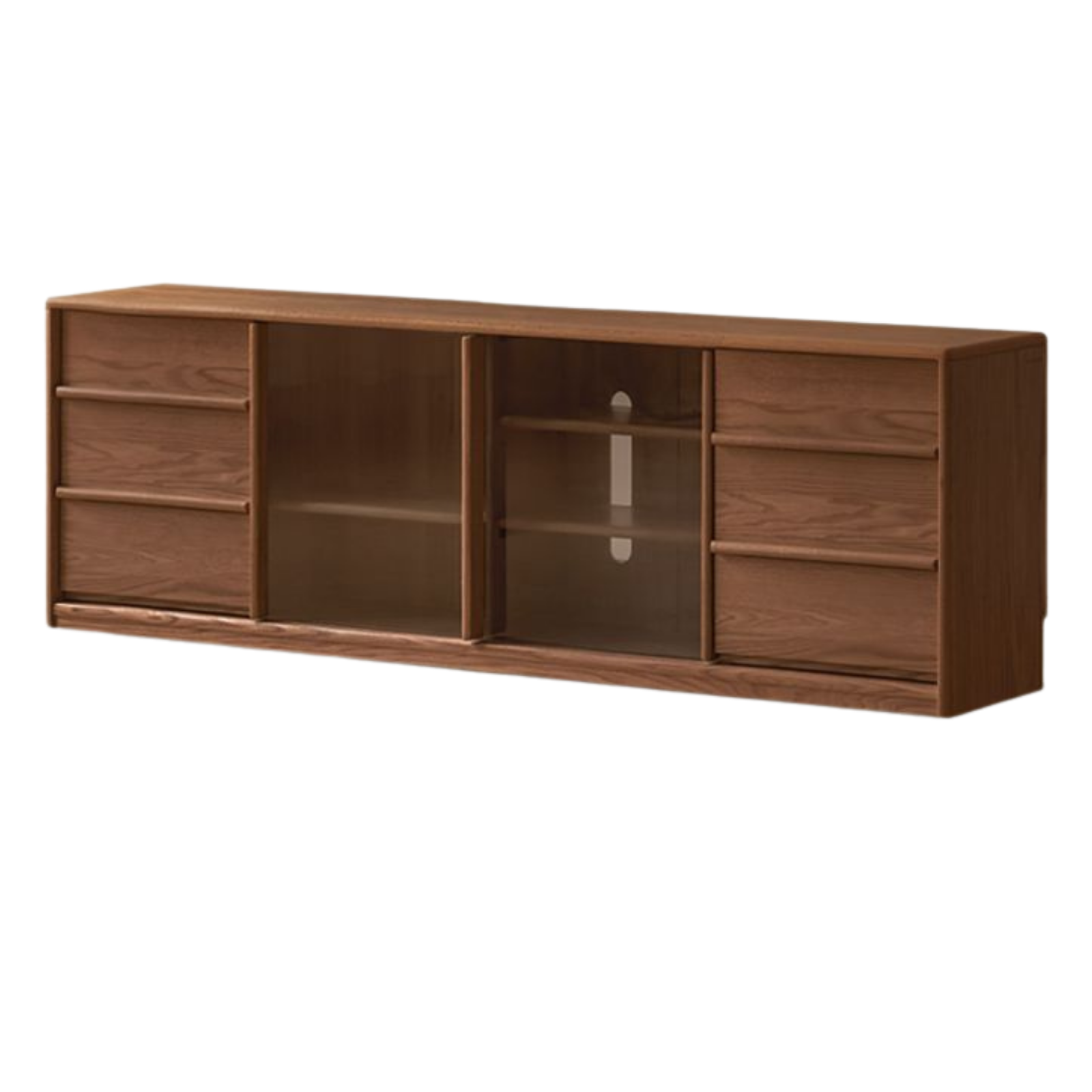 Oak Solid Wood TV Stand with Sliding Glass Doors and Drawers