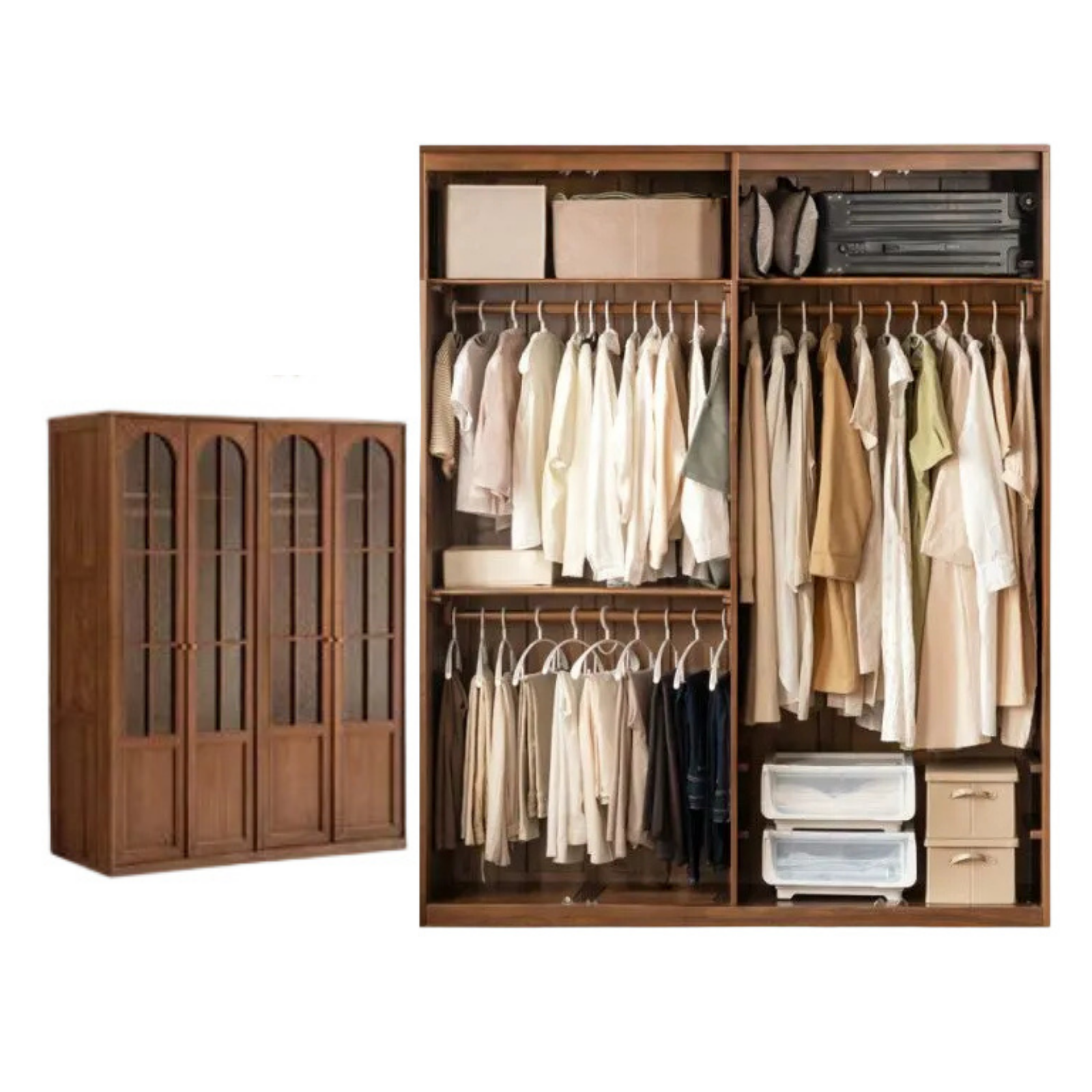 Black Walnut Solid Wood Wardrobe with French Retro Style and Double Doors