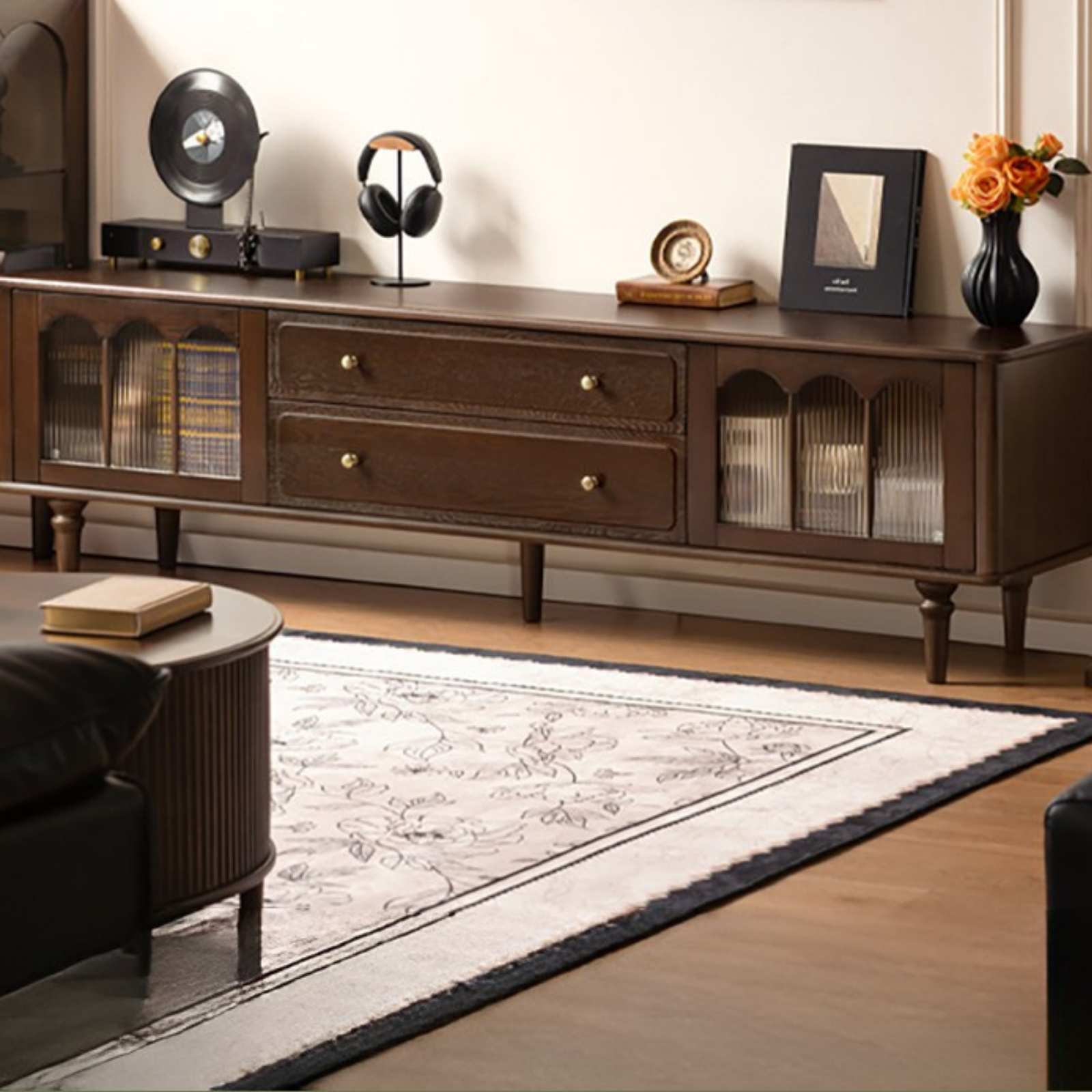 Ash Solid Wood TV Stand with American Retro Design and Tall Storage Cabinet
