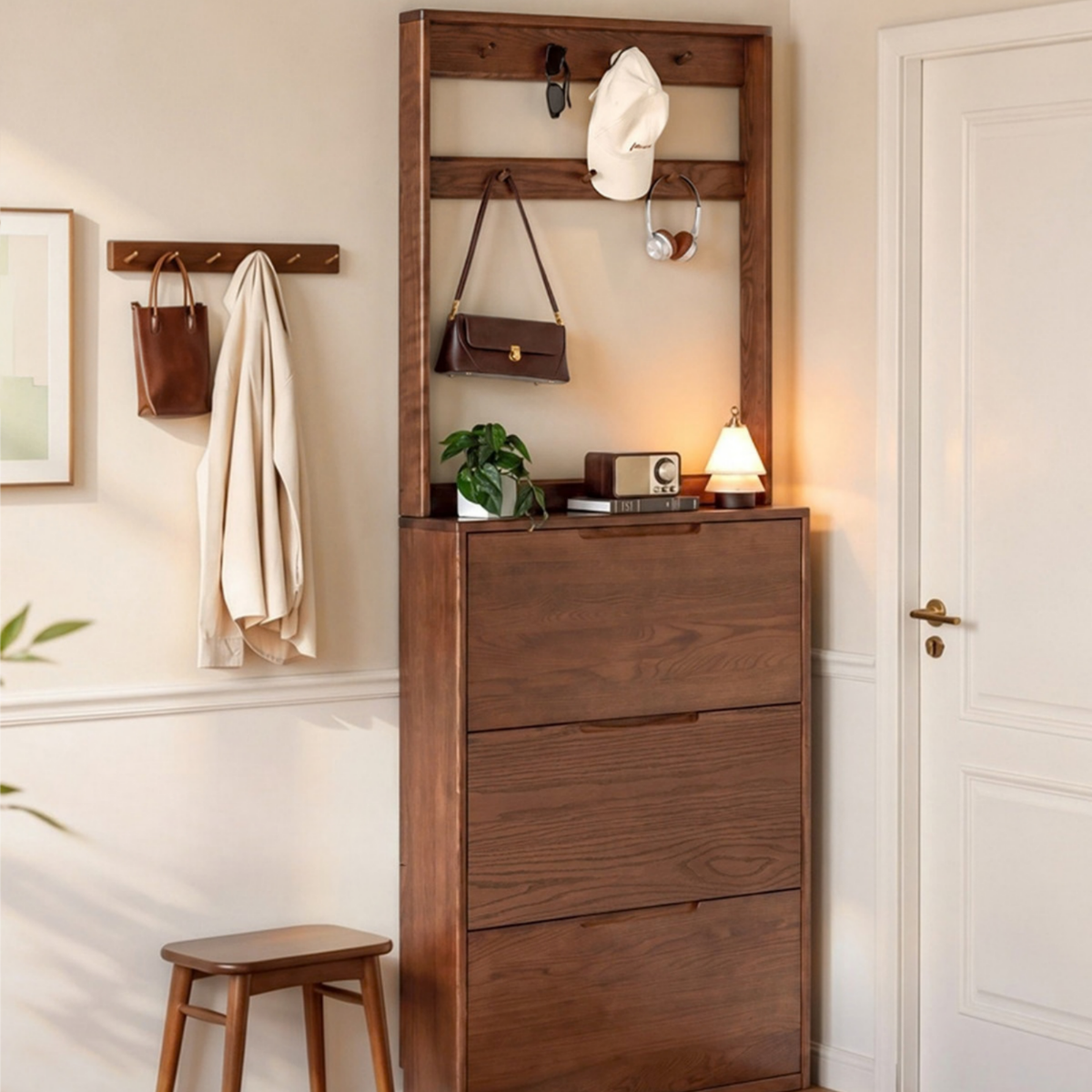 Oak Solid Wood Narrow Hall Tree with Shoe Storage Cabinet and Coat Hooks