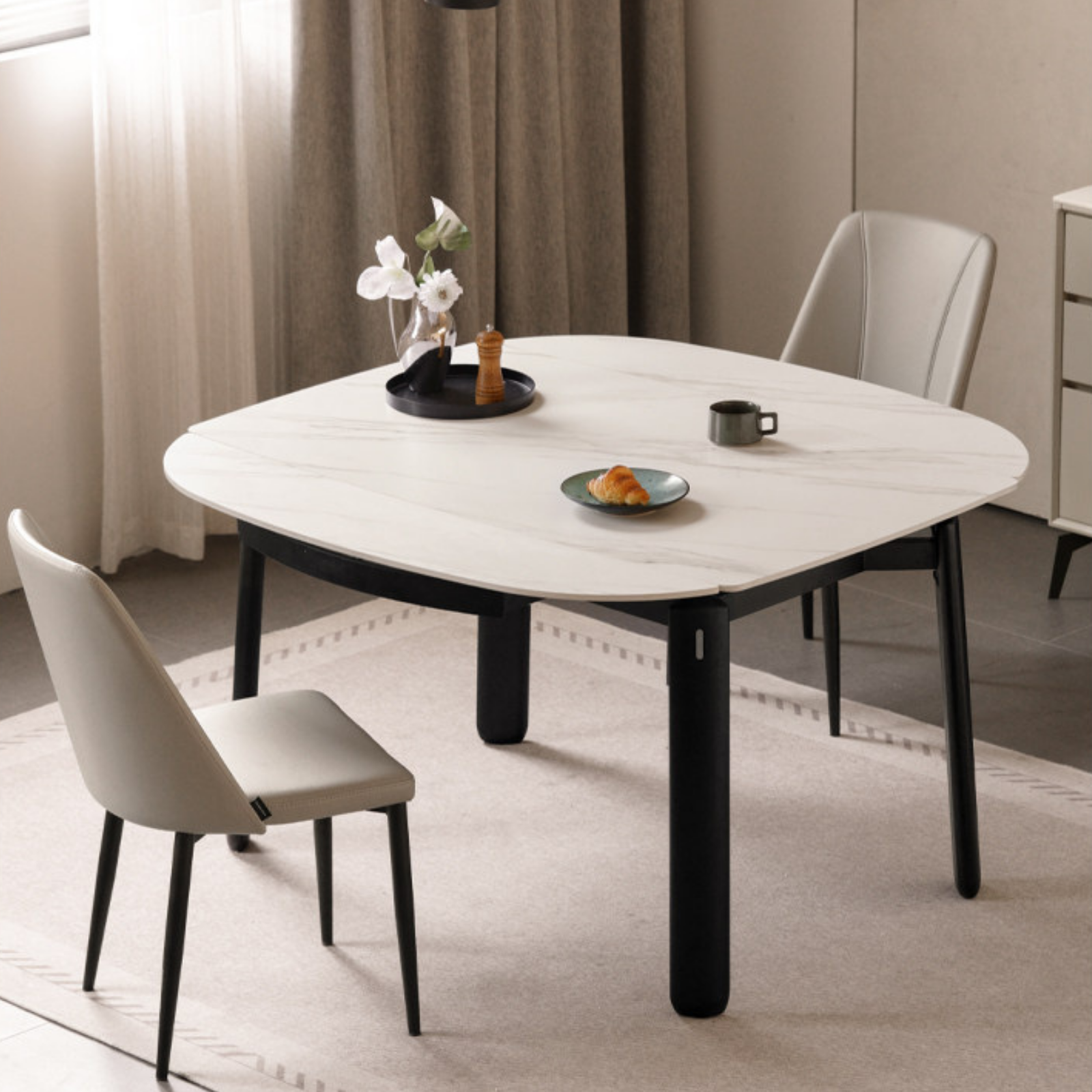 Solid RubberWood Extendable Dining Table with Marble-Look Stone Top and Rounded Corners