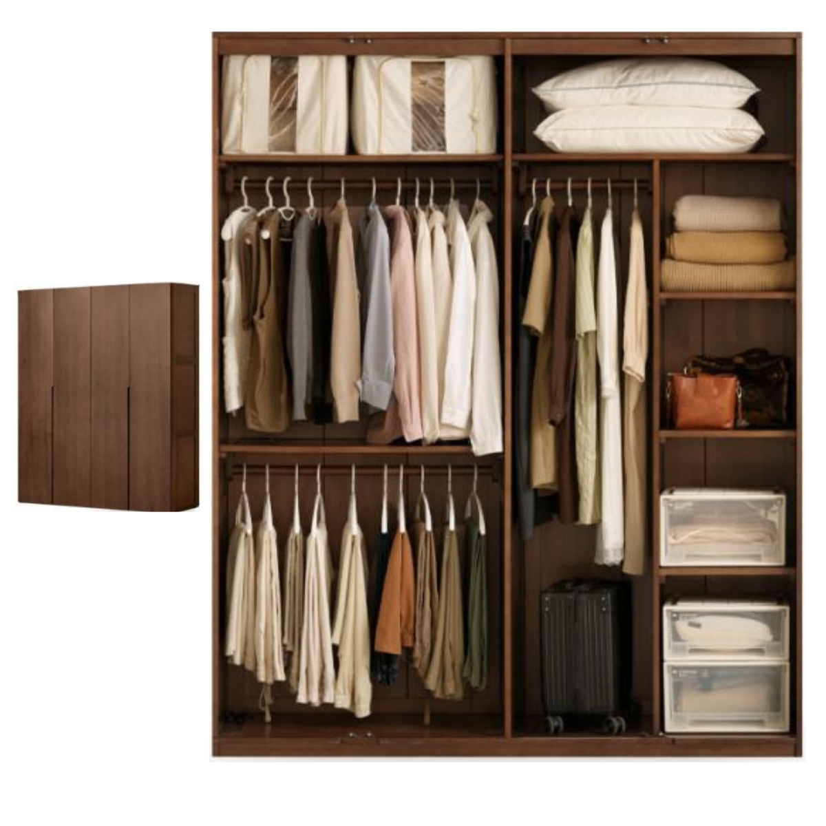 Sandalwood, Black Walnut Solid Wood Floor-to-Ceiling Wardrobe Closet with Interior Shelving and Hanging Rods