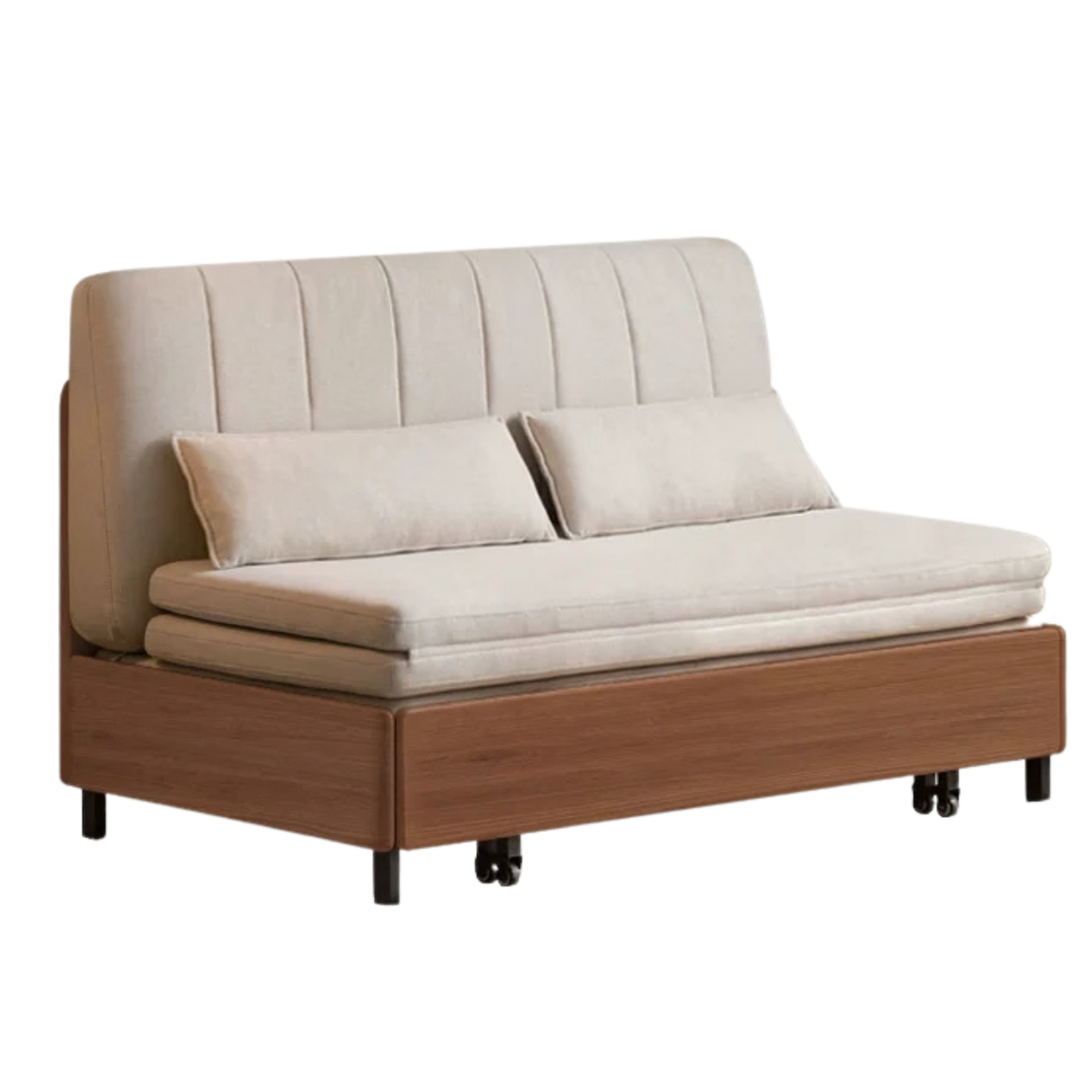Beech, Birch Solid Wood Channeled Sofa Bed with Three-Fold Pull-Out Mechanism and Metal Legs