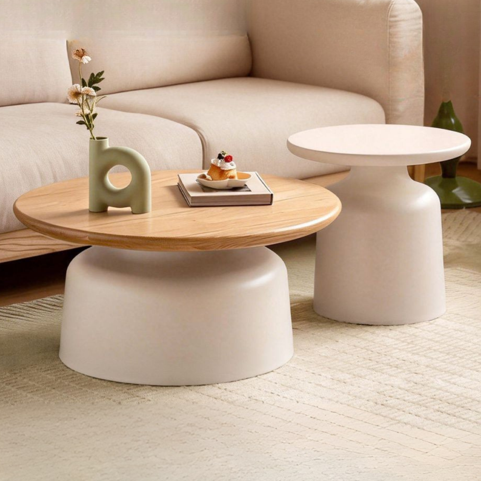 Oak Solid Wood, Solid RubberWood Round Nesting Coffee Tables, Modern Cream Style