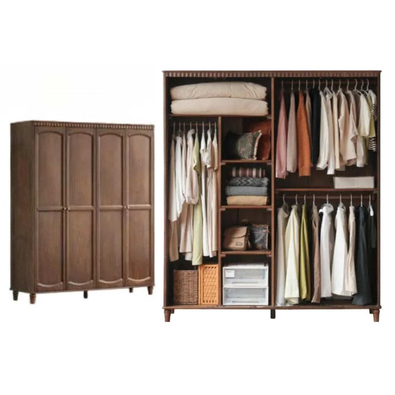 Black Walnut Solid Wood Wardrobe with American Retro Style and Light Luxury Finish