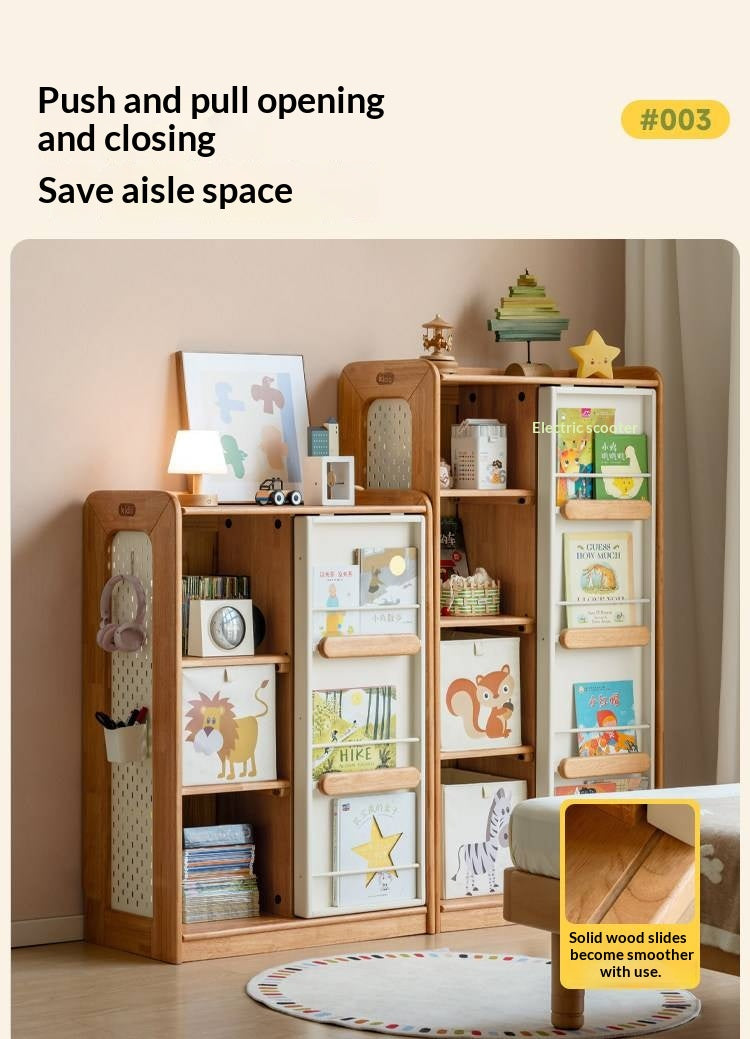 Solid Rubberwood Children's Bookcase with Sliding Doors and Toy Storage