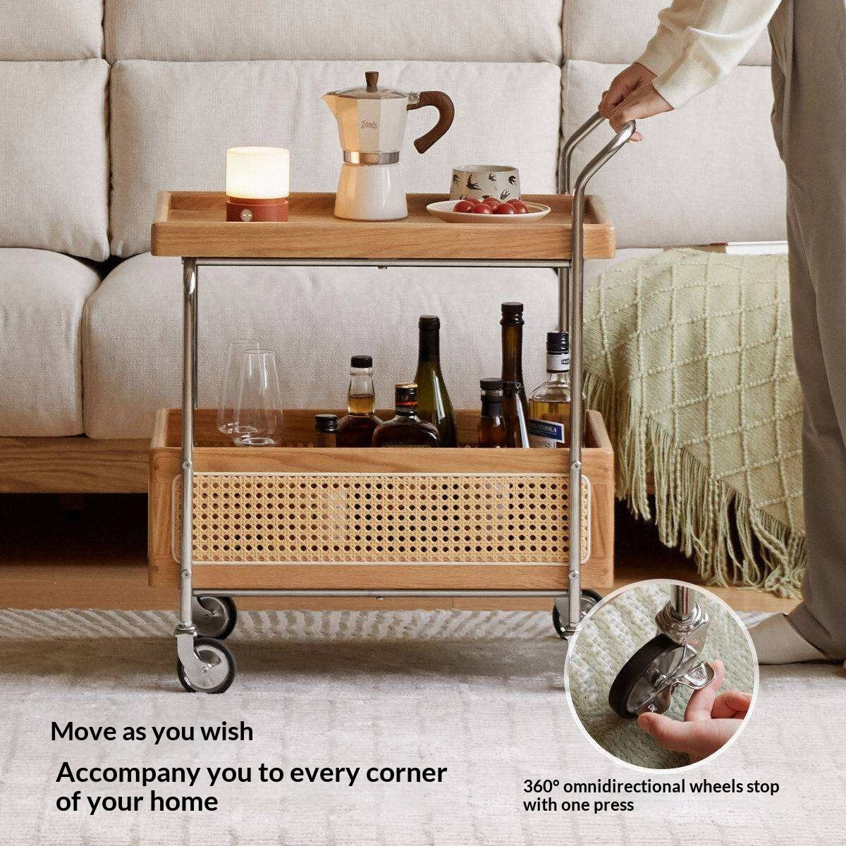 Oak Solid Wood Side Table with Double Layer Storage and Rattan Accents, Mobile