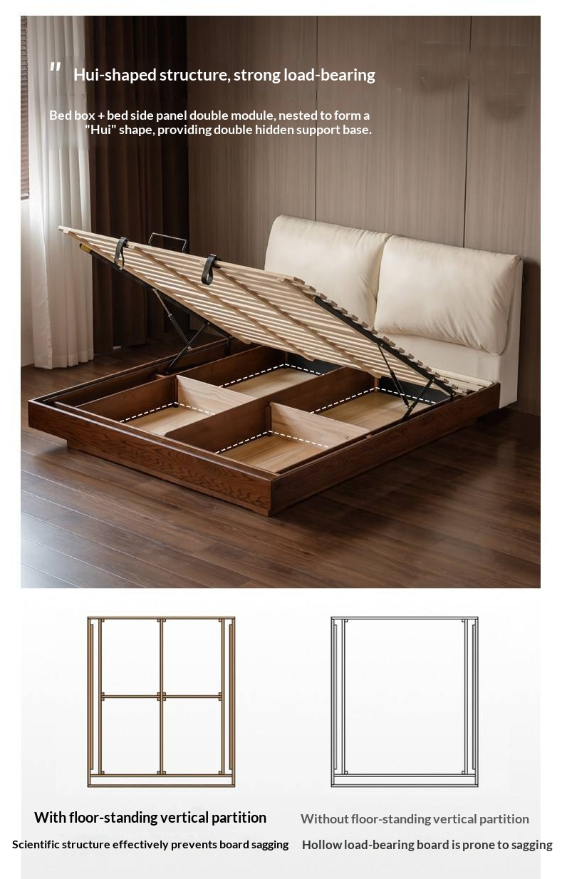 Oak Solid Wood Box Bed — Italian Light Luxury with Soft Genuine leather Backrest