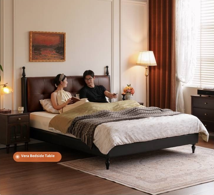 Luxury Genuine Leather Soft Backrest Bed, American Retro Style