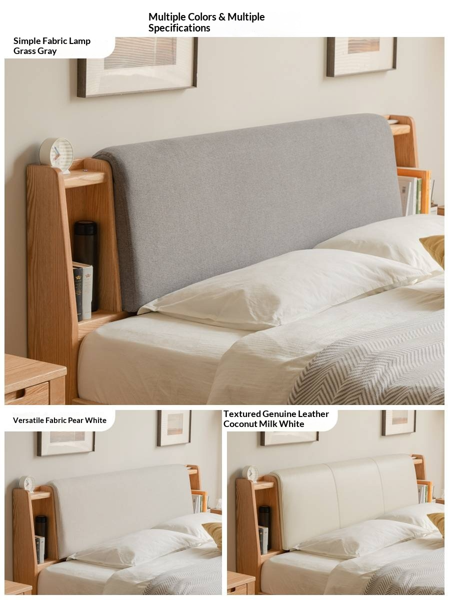 Oak Solid Wood Bed with Genuine Leather and Light Upholstery