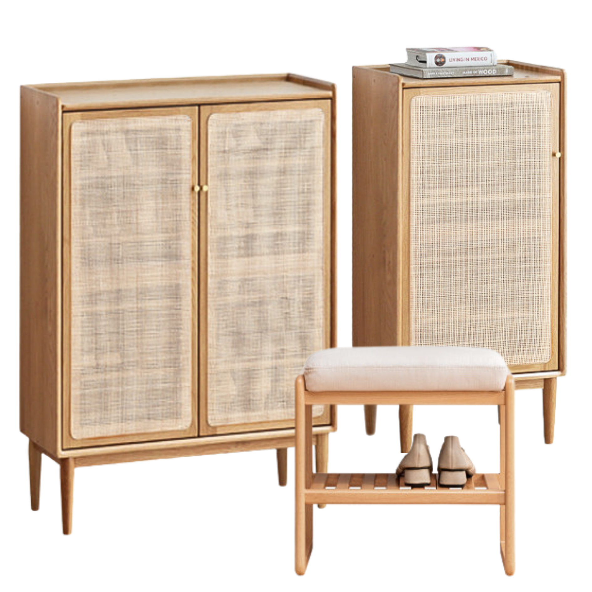 Oak solid wood shoe cabinet storage rattan: