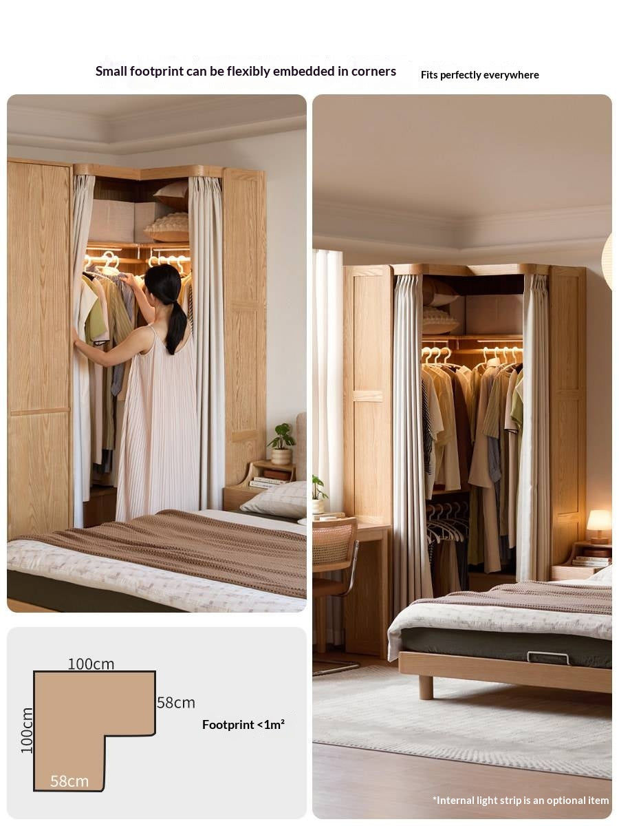 Oak Solid Wood Corner Wardrobe with Removable and Washable Fabric Curtain