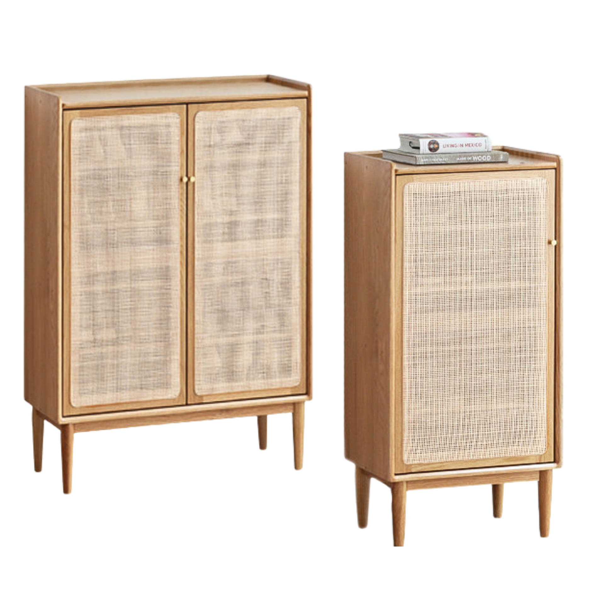 Oak Solid Wood Shoe Cabinet Storage Rattan