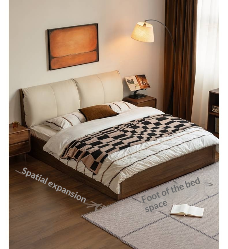 Black Walnut Solid Wood Box Bed — Luxury Genuine Leather Bed with Soft Backrest