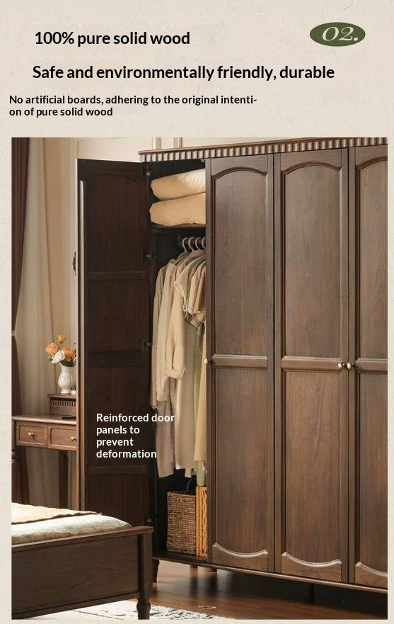 Black Walnut Solid Wood Wardrobe with American Retro Style and Light Luxury Finish