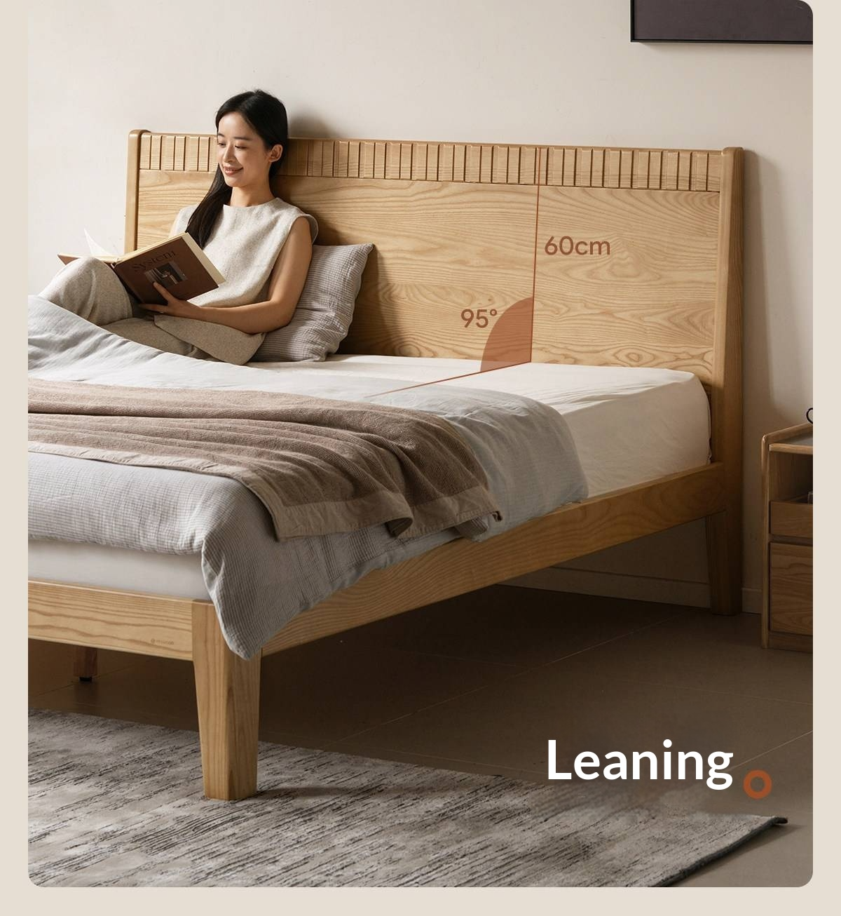Ash Solid Wood Modern Minimalist Bed with Grooved Headboard and High Under-Bed Clearance