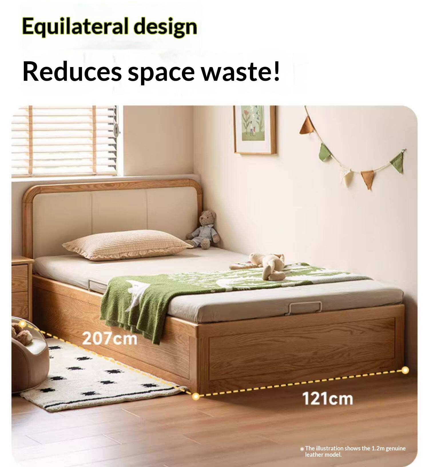 Oak, Rubberwood Solid Wood Upholstered Kids Storage Bed with Gas Lift and Rounded Headboard