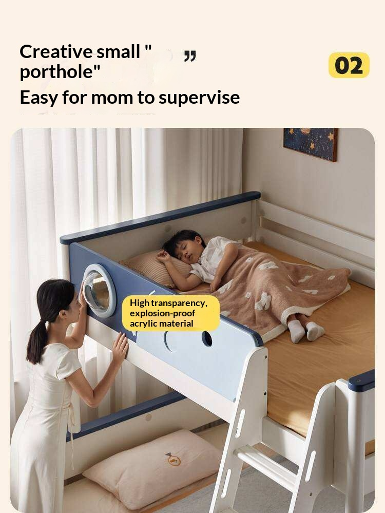 Rubberwood Solid Wood Spaceship-Themed Bunk Bed with Porthole Window
