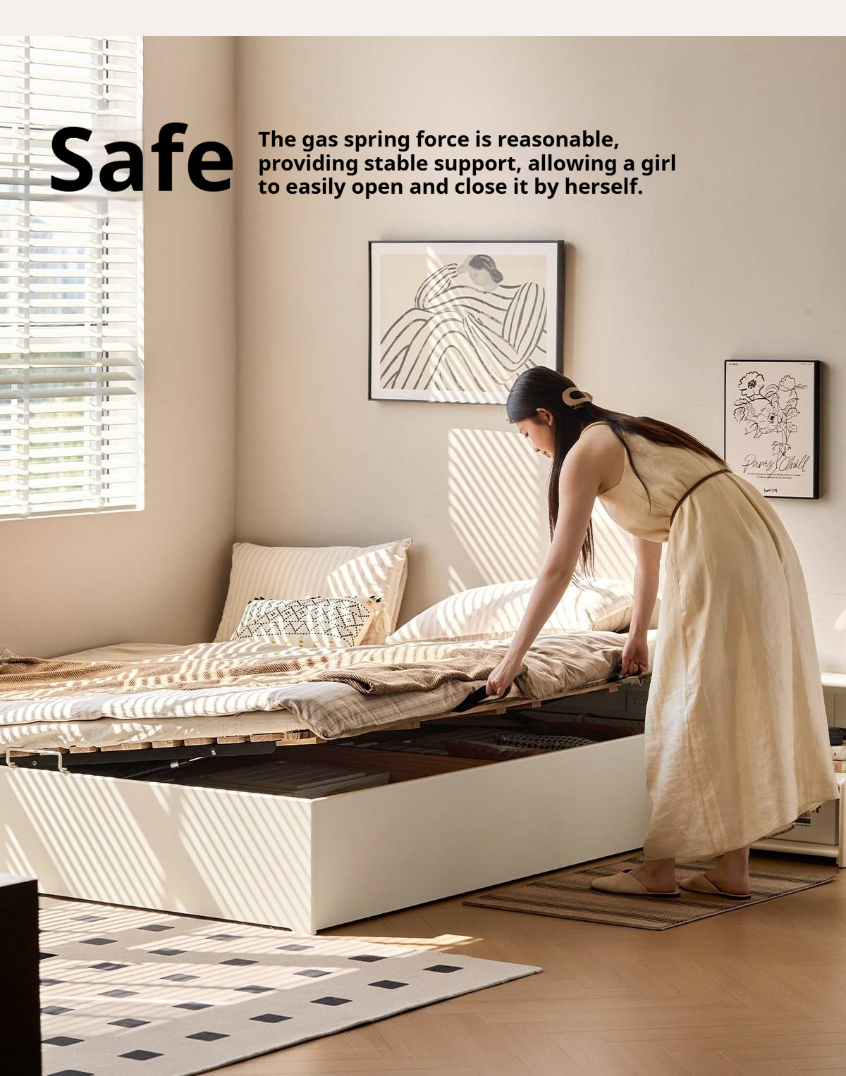Rubberwood Solid Wood Storage Bed with No Headboard and Side-Opening Lid