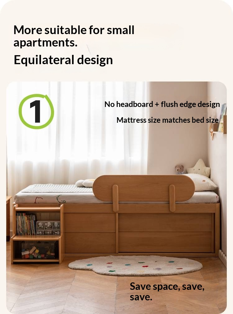 Beech, Rubberwood Solid Wood Kids’ Bed with Guardrail, Platform Bed, Headboard-Free Bed