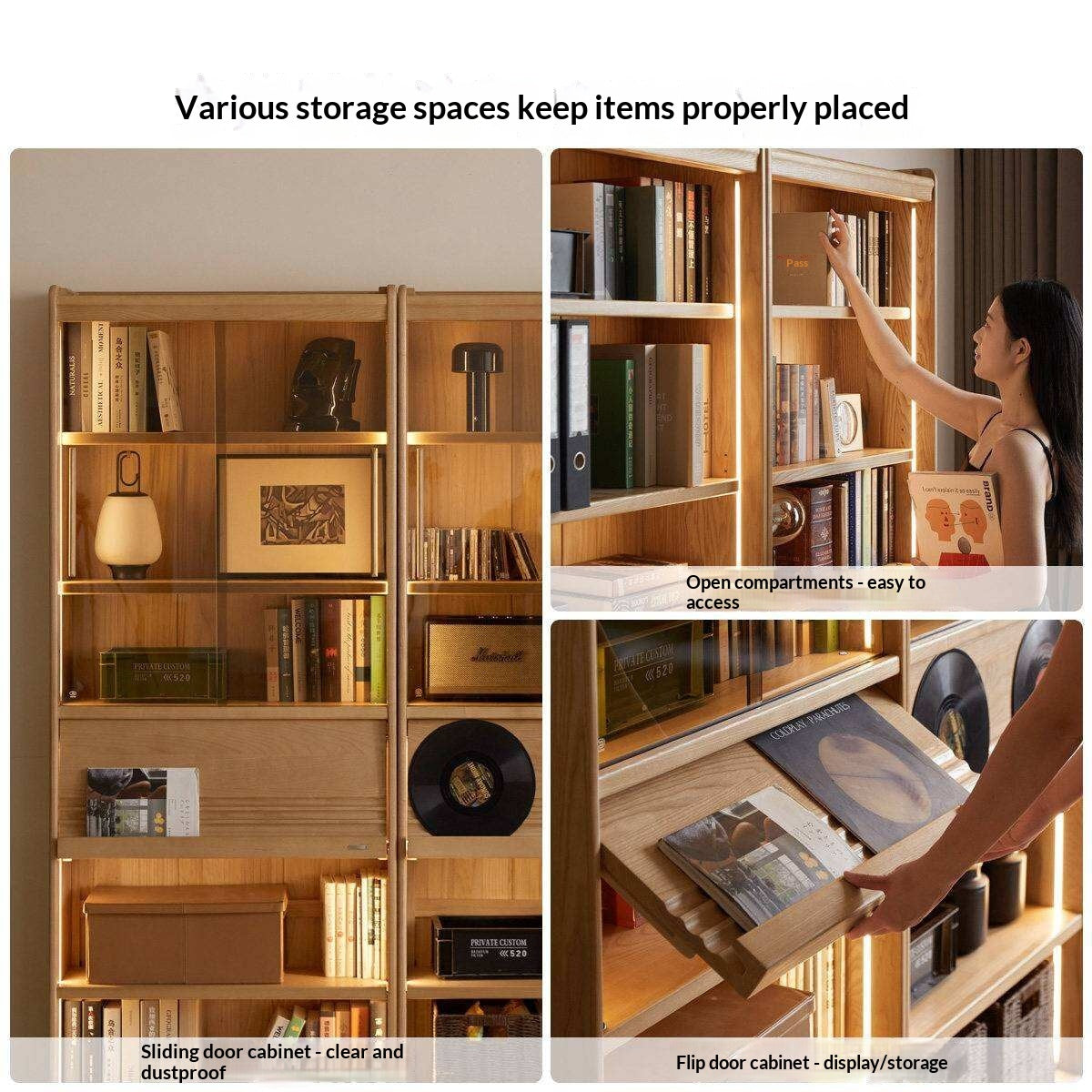 Oak Solid Wood Display Bookcase with Wall-Mounted Option and Storage Cabinet