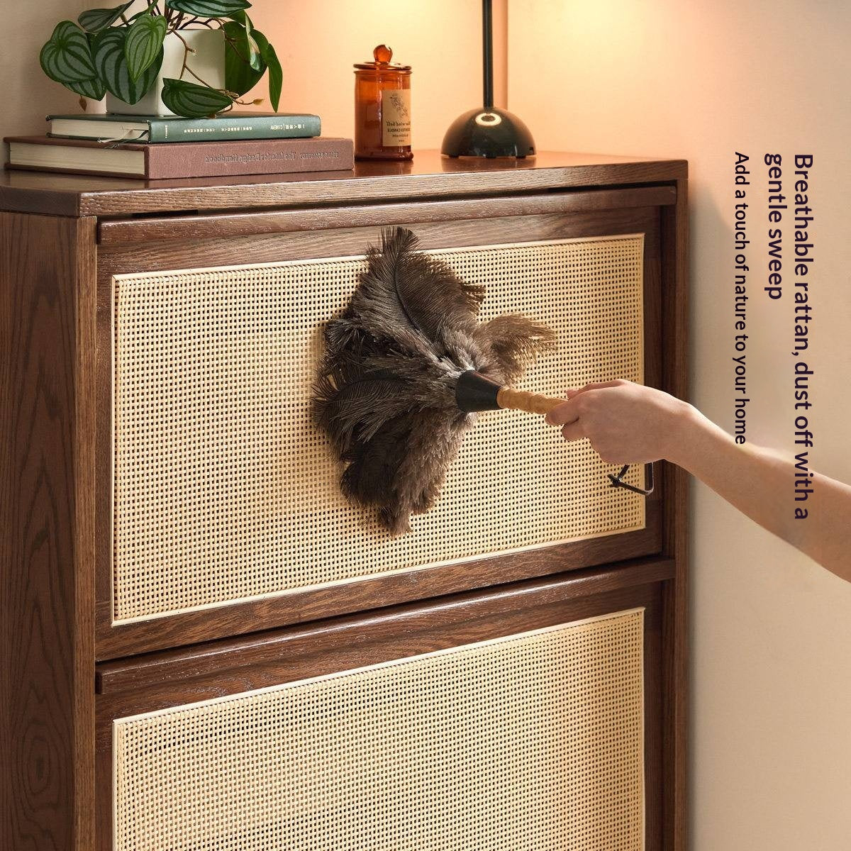 Oak Solid Wood Slim Entryway Shoe Cabinet with Rattan Flip-Down Doors