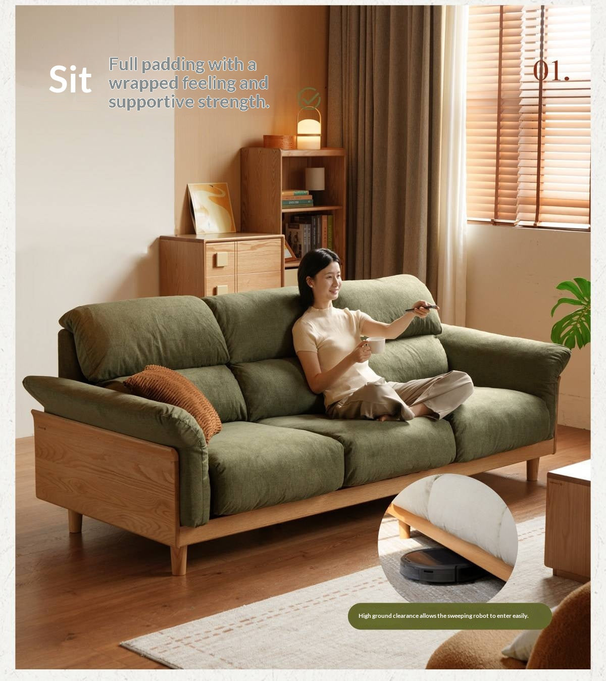 Oak Solid Wood Fabric Sofa, Couch with High Back Cushions, Durable Pet-Friendly Upholstery