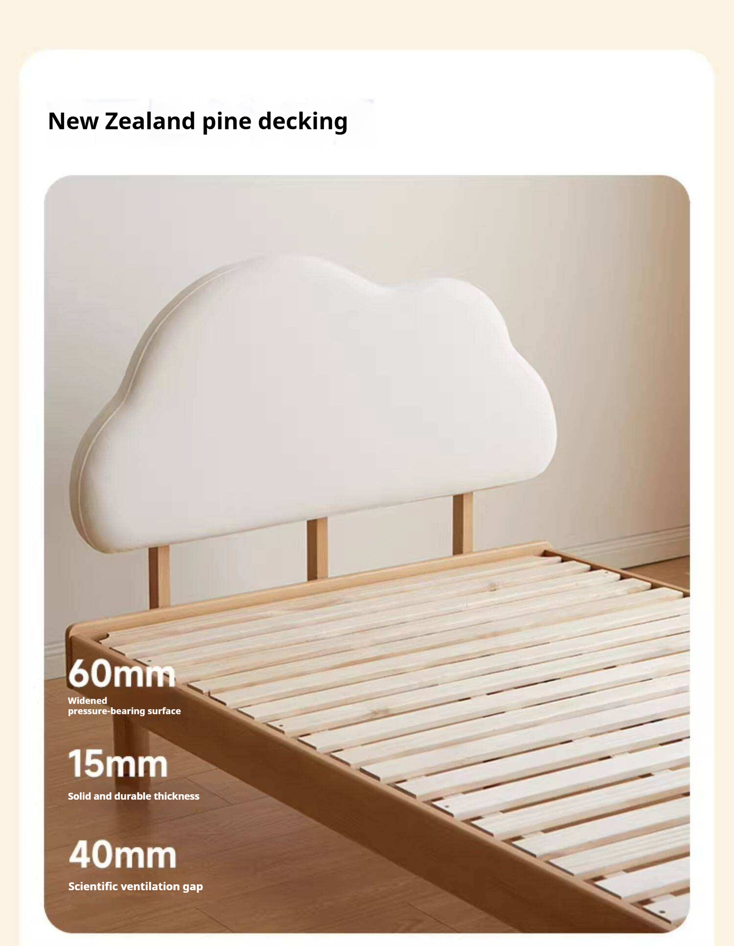 Beech Solid Wood Upholstered Kids Bed with Cloud-Shaped Headboard
