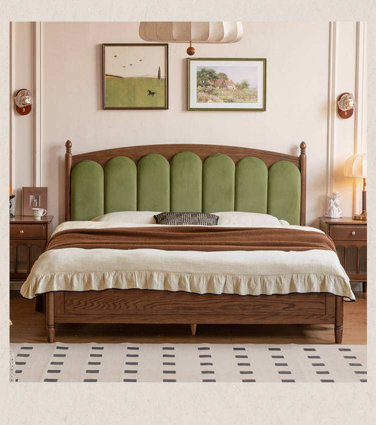 Oak Solid Wood Box Bed with Upholstered Vertical Channel Tufted Arched Headboard