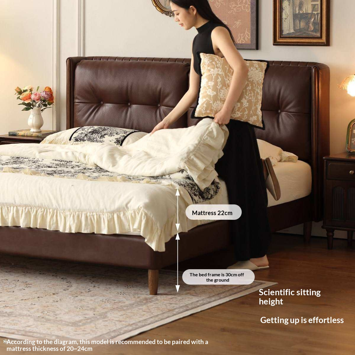 Ash solid wood Genuine Leather Tufted Wingback Bed with Extra Tall Headboard