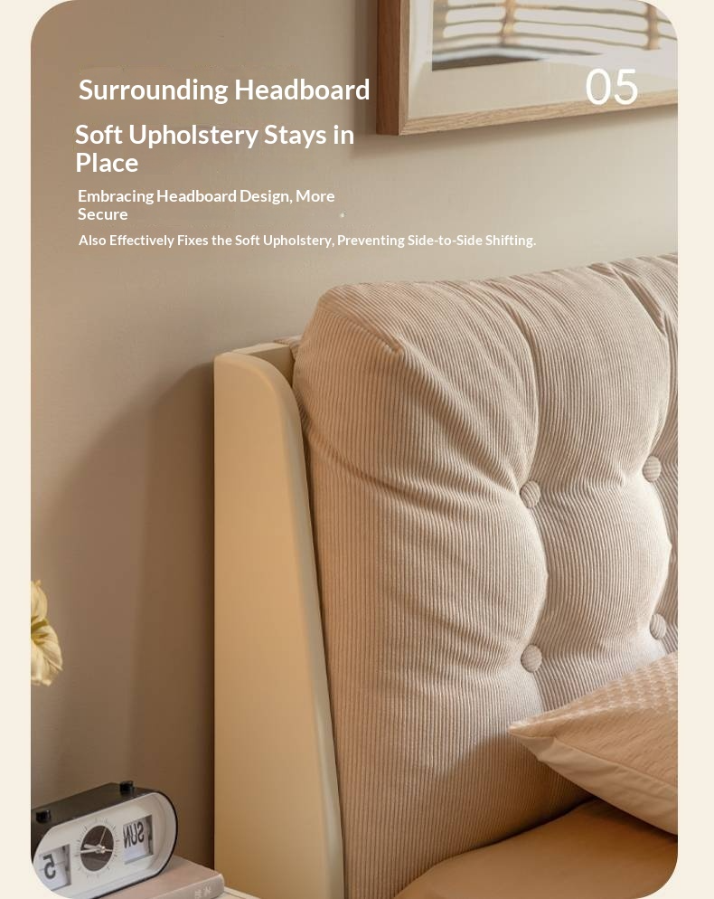 Oak, Rubberwood Solid Bed with Cream Finish — Casual Bedside with Soft Bag Backrest and White Soft Back