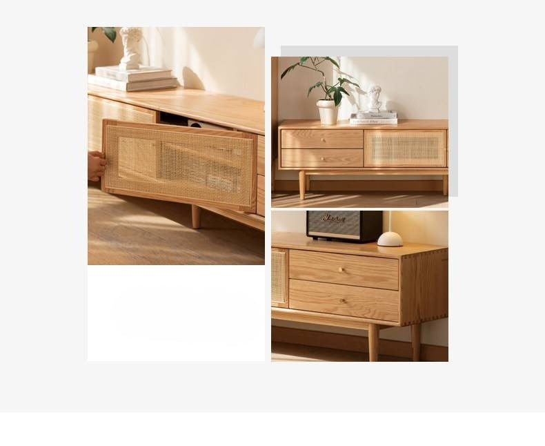 Oak Solid Wood Rattan TV Cabinet